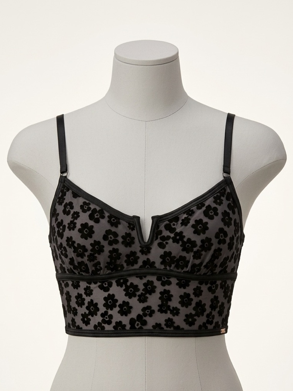 PINK Victoria's Secret Black Floral Mesh Notch V Crop Top Bralette Cami Bra XS